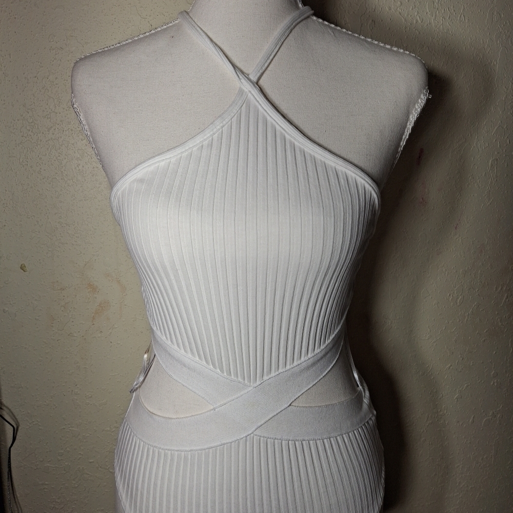 Zara Cream Ribbed Halter Dress with Cutout